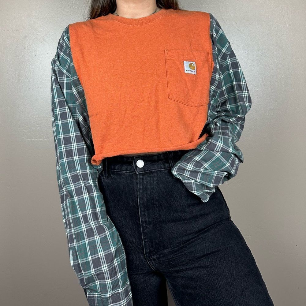Reworked Carhartt Cropped Long Sleeve Orange Plaid Relaxed Streetwear Shirt Top